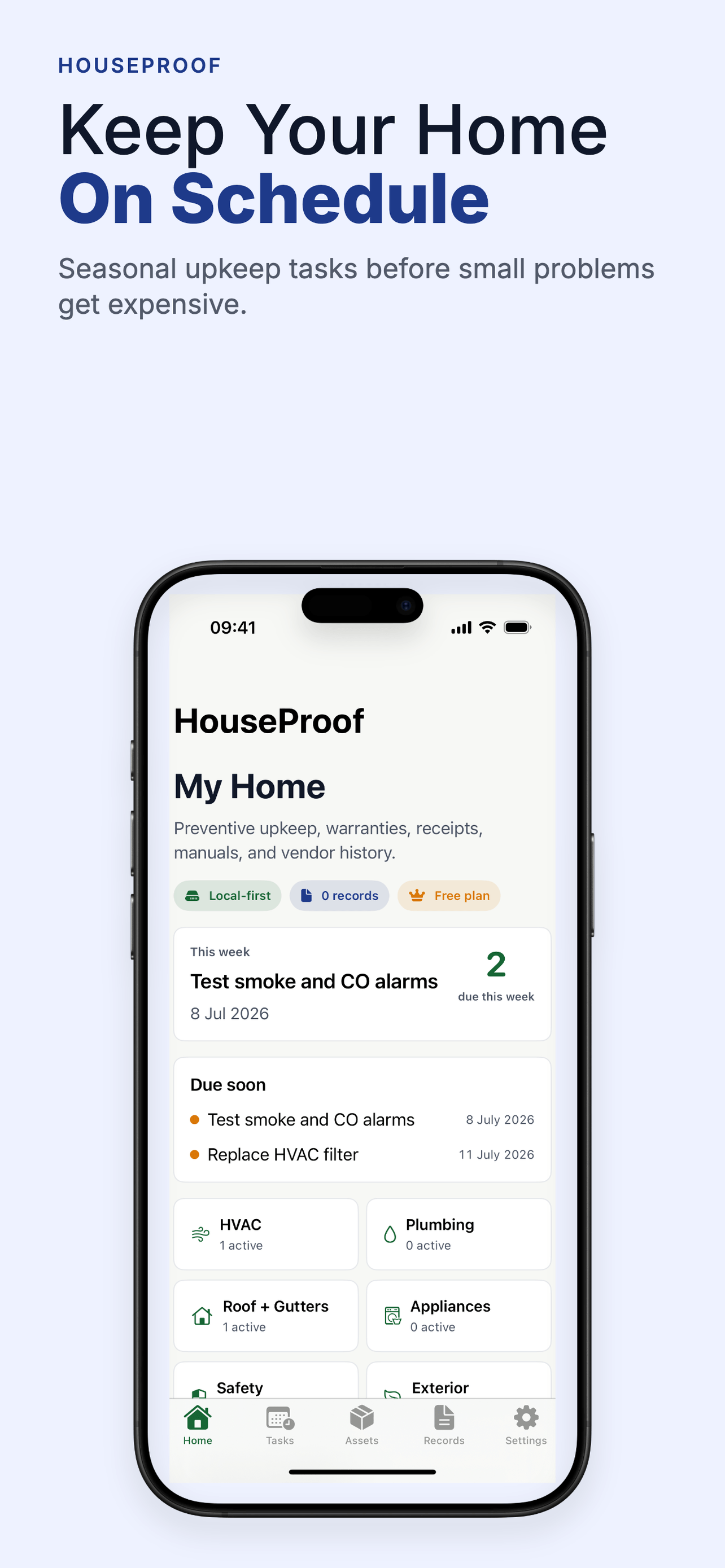 HouseProof home maintenance app dashboard showing due tasks and home categories