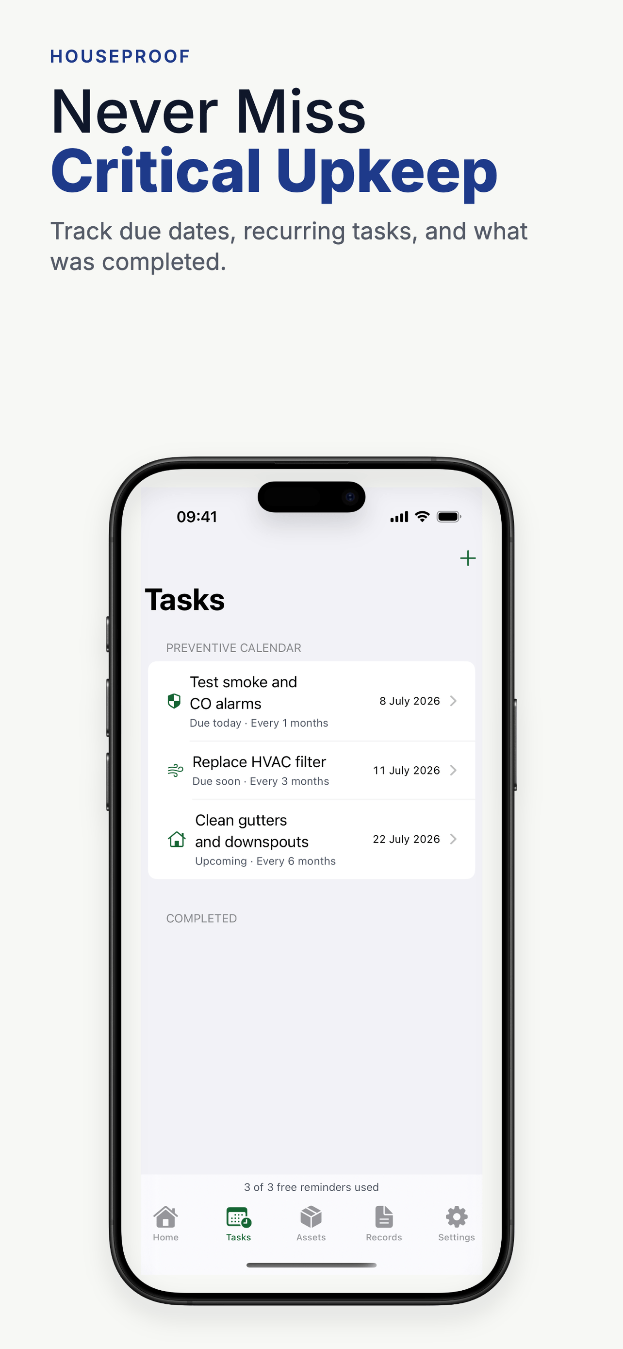 Seasonal home maintenance checklist and task schedule with reminders in HouseProof